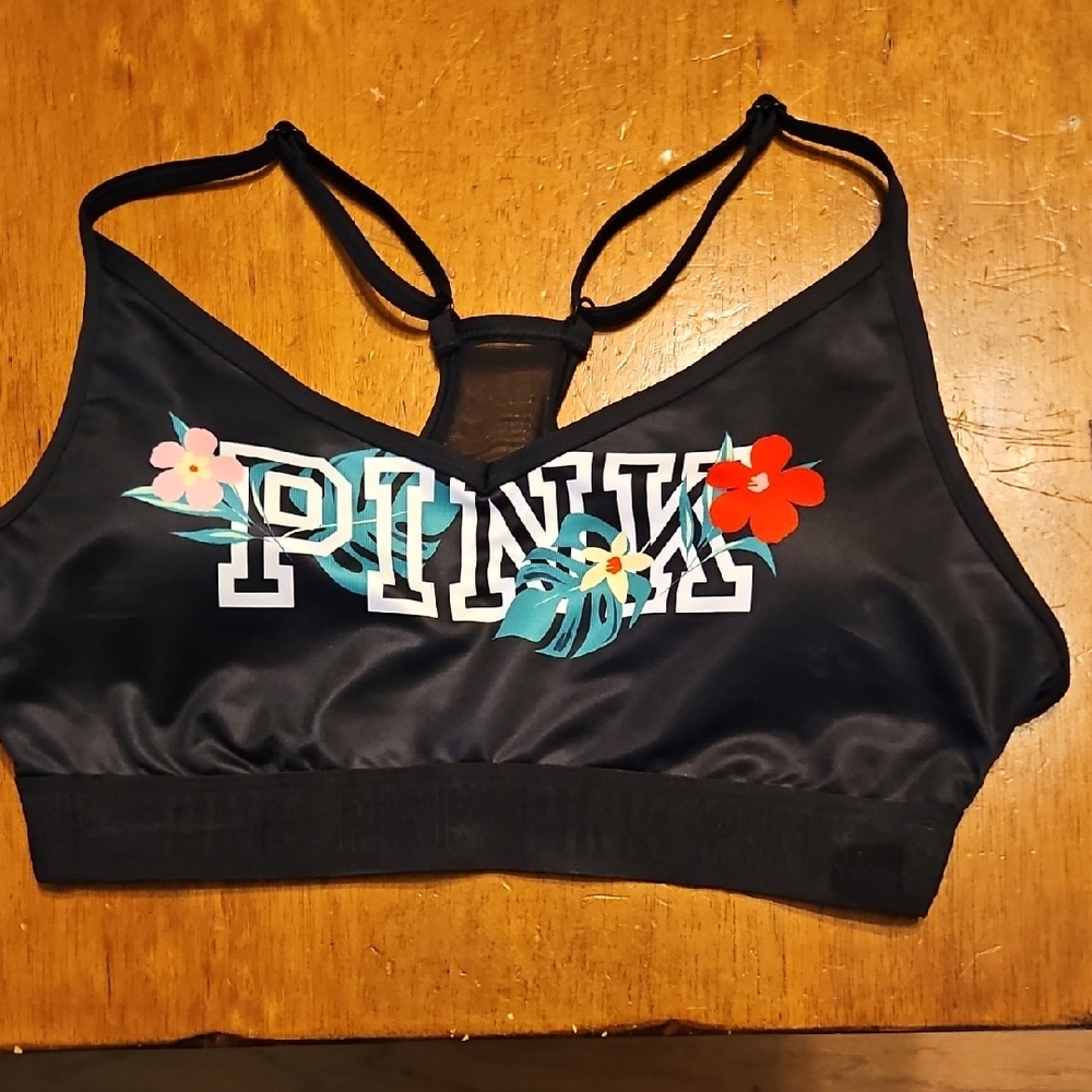 NWT PINK Victoria's Secret Black Floral Logo Racerback Sports Bra